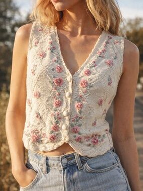 Cream Floral Embroidered Knit Vest